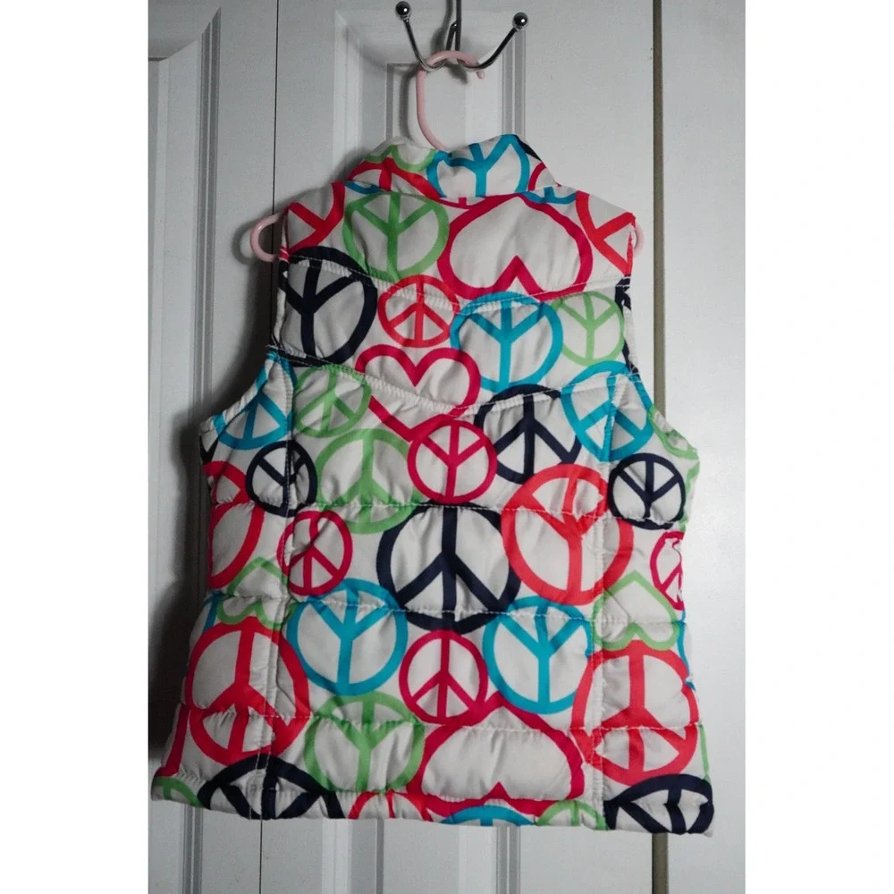 Old Navy Puffer Vest Size S 6-7 Peace Sign Heart Print Multicolor Fleece Lined